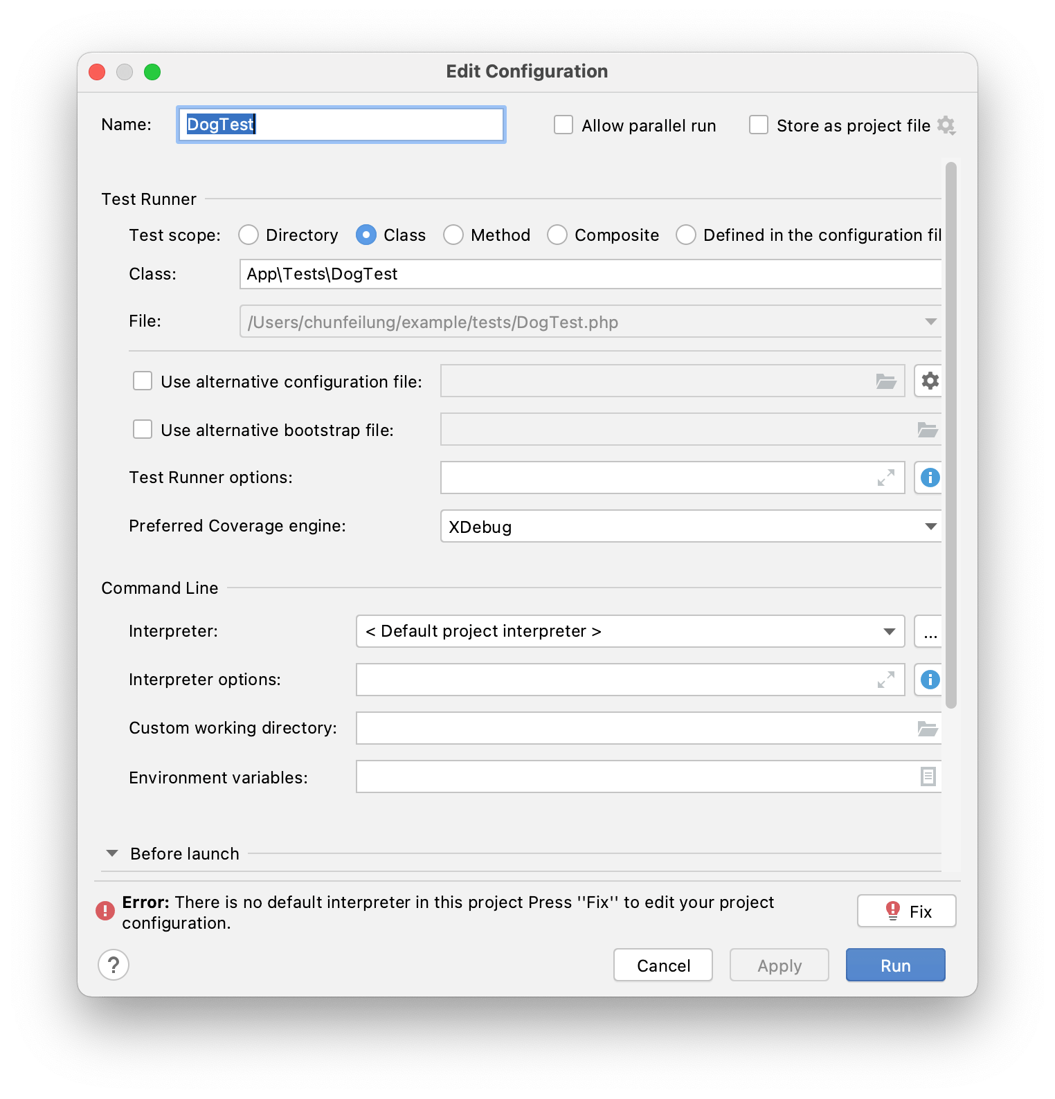 PhpStorm shows the “Edit configuration” window. An error message explains
that the project does not have a default interpreter and tells you to
press the “Fix” button.