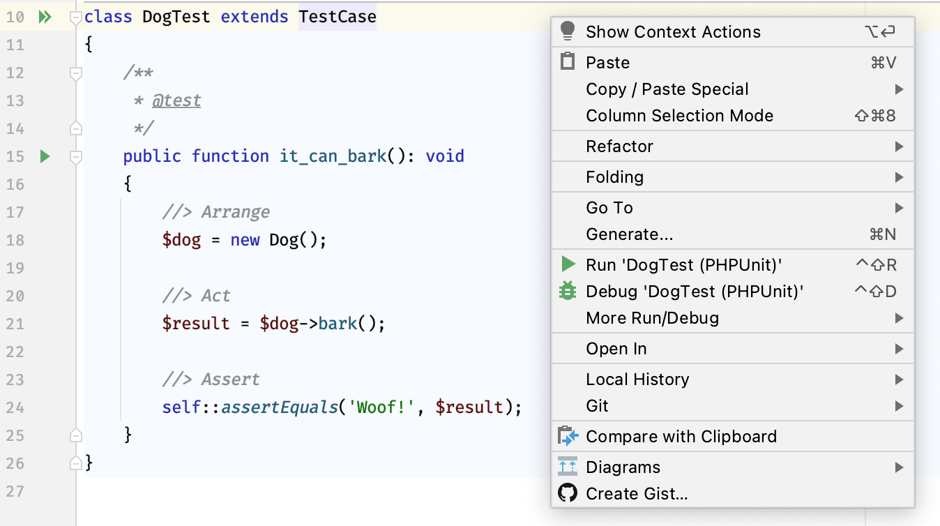 A context menu that is displayed when you right-click in a class file.
The menu shows a menu option that lets you run the tests in this file.