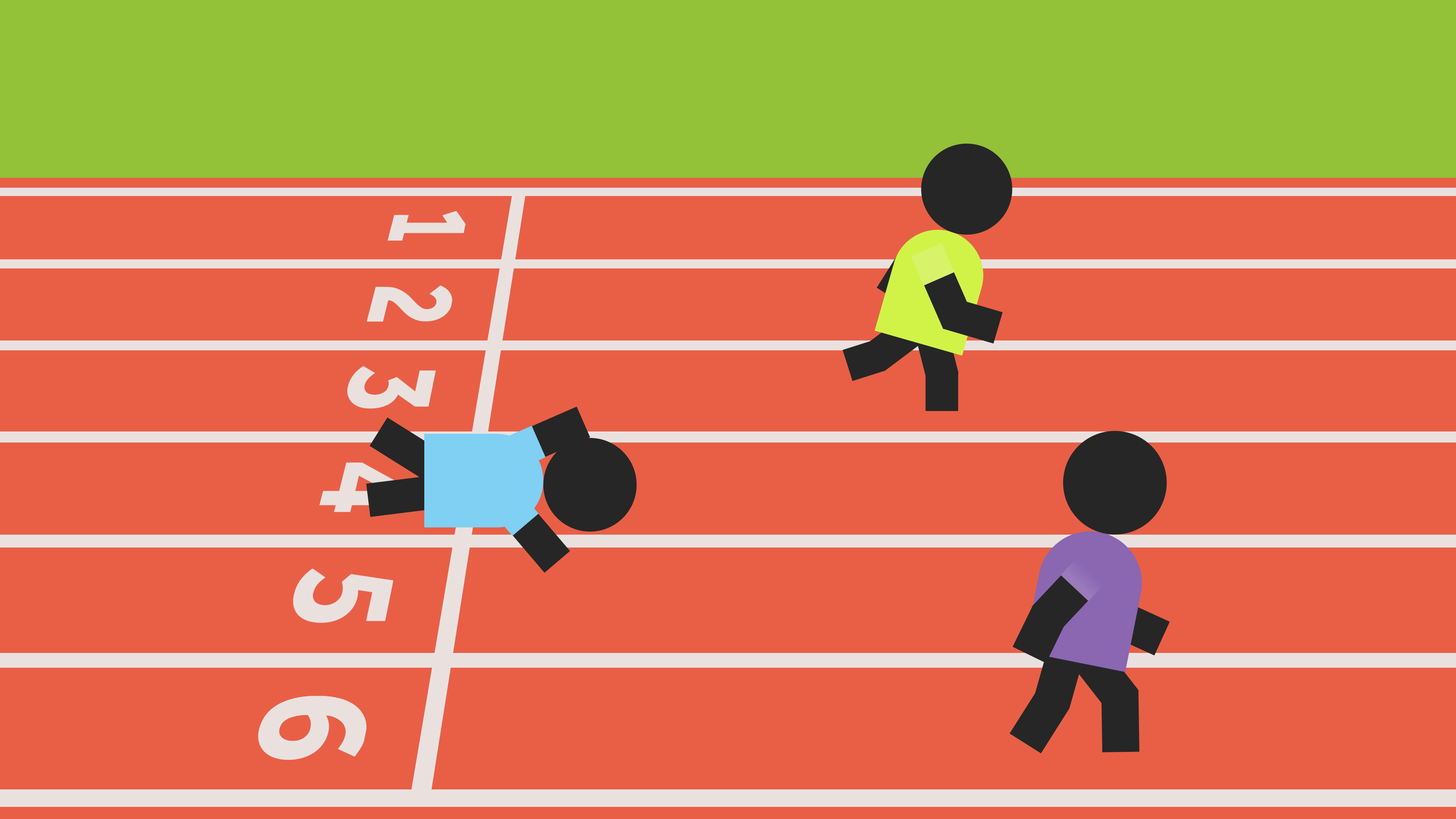 People on a running track. One person is lying on the ground.