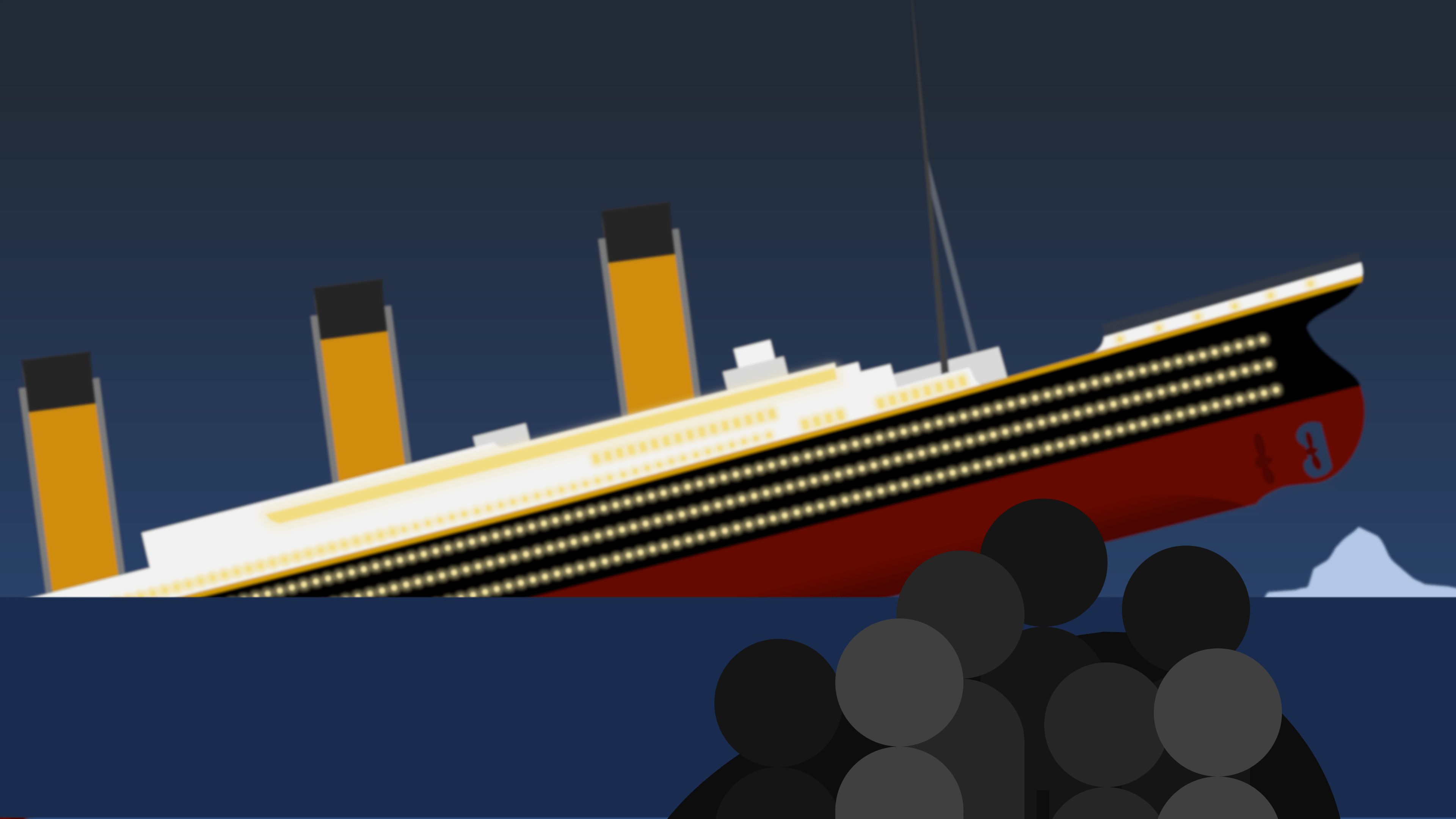 A sinking RMS Titanic, with an iceberg in the background