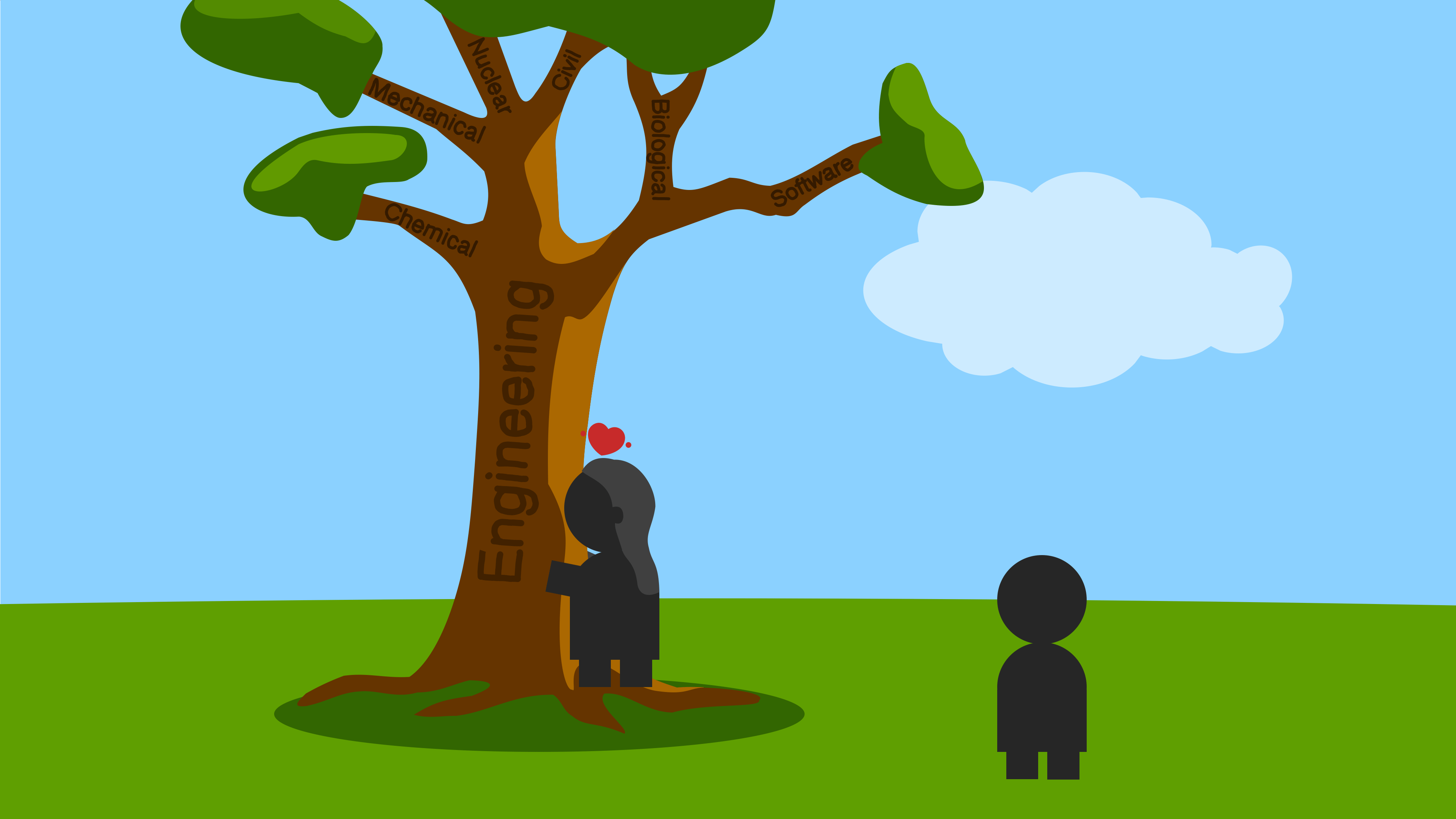 A little girl hugs a tree, with a several branches that represent different branches of engineering.
