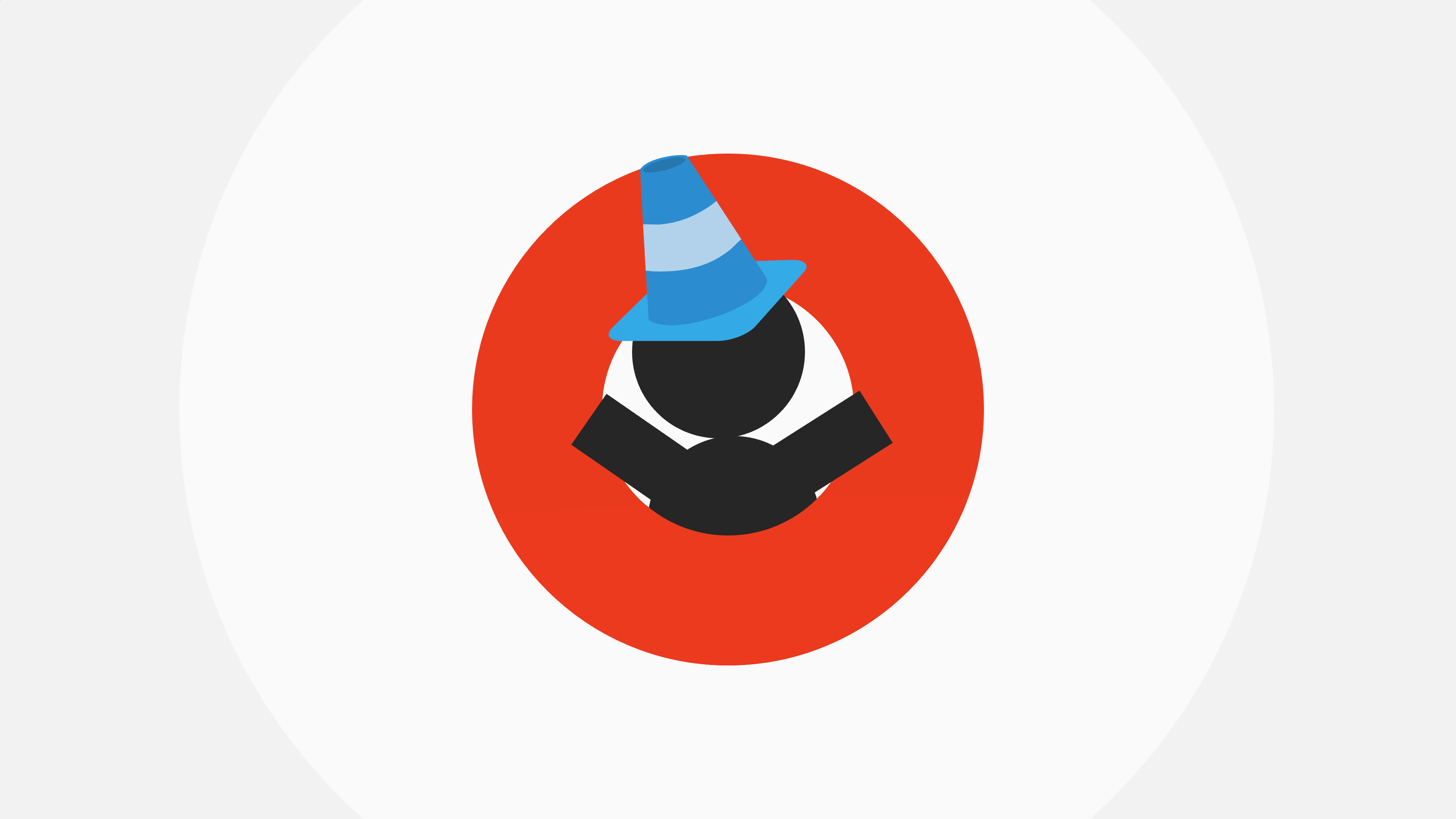 A stick figure wearing a traffic cone emerges from a red circle