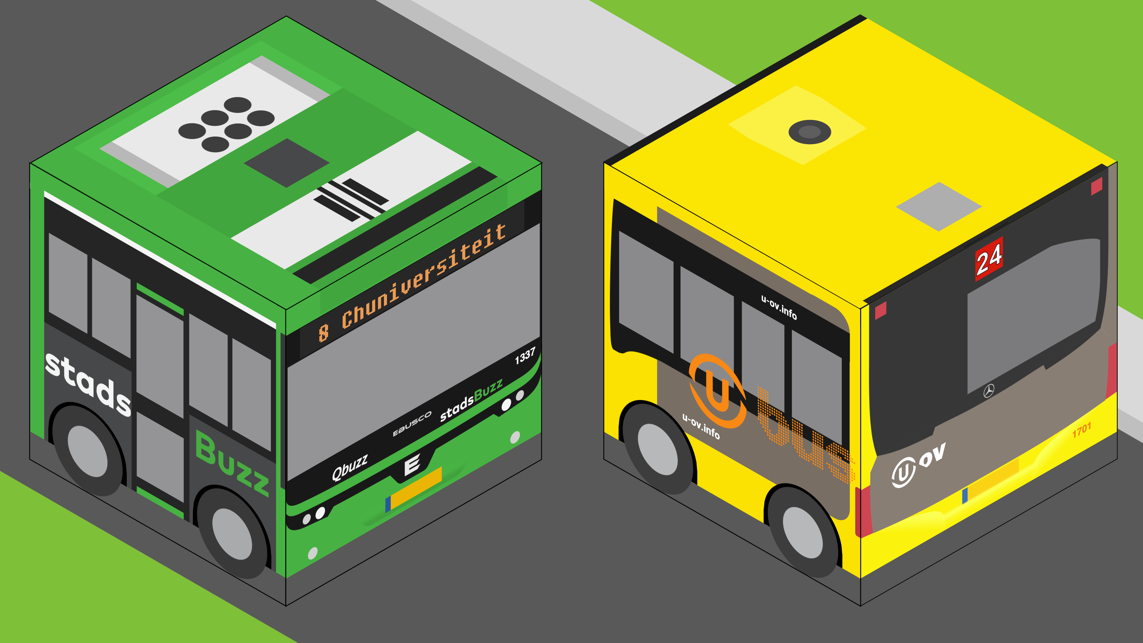 Illustration of two cube-shaped buses