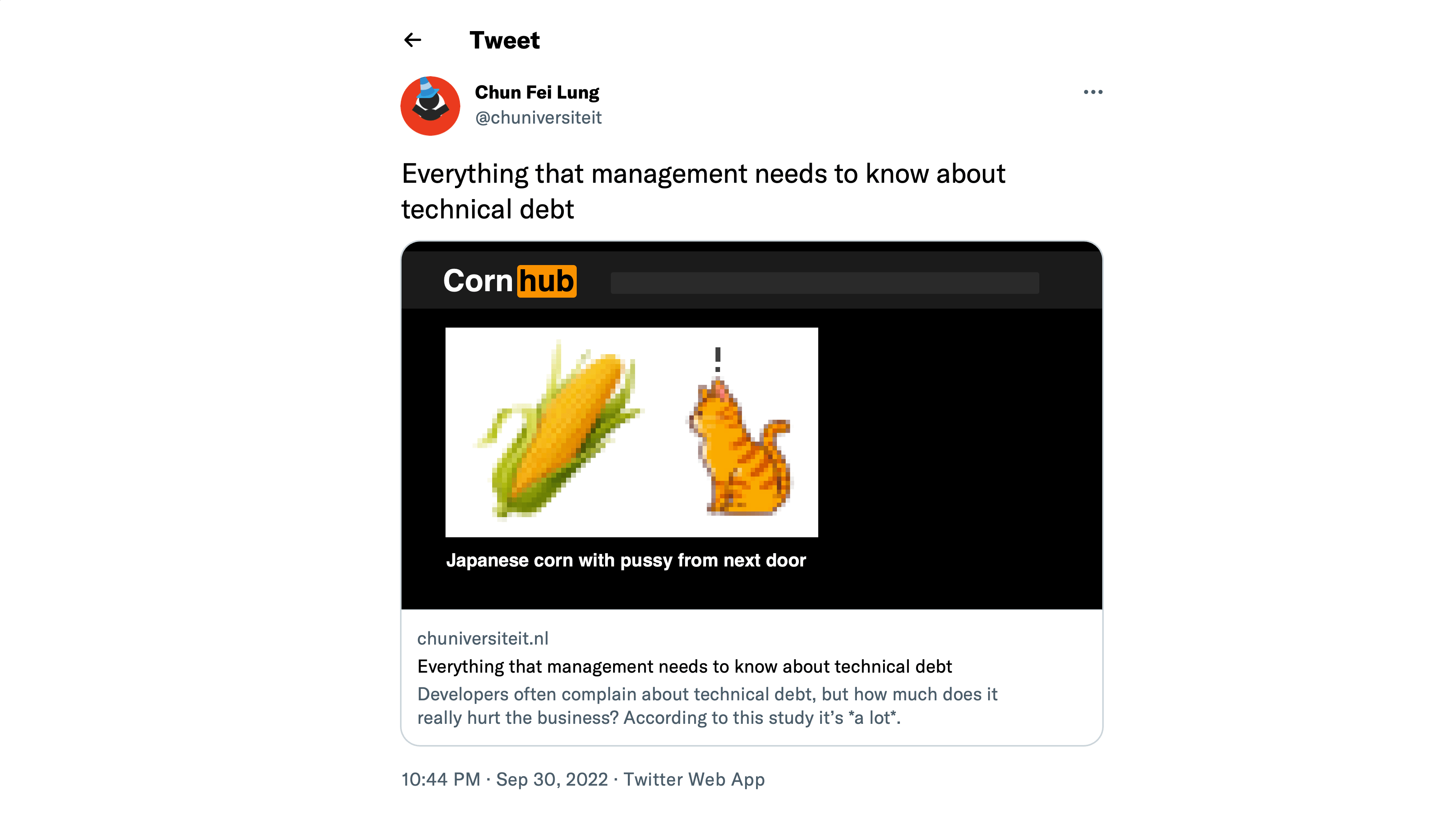 Screenshot of a tweet that contains a rather embarrassing preview image of a corn video
