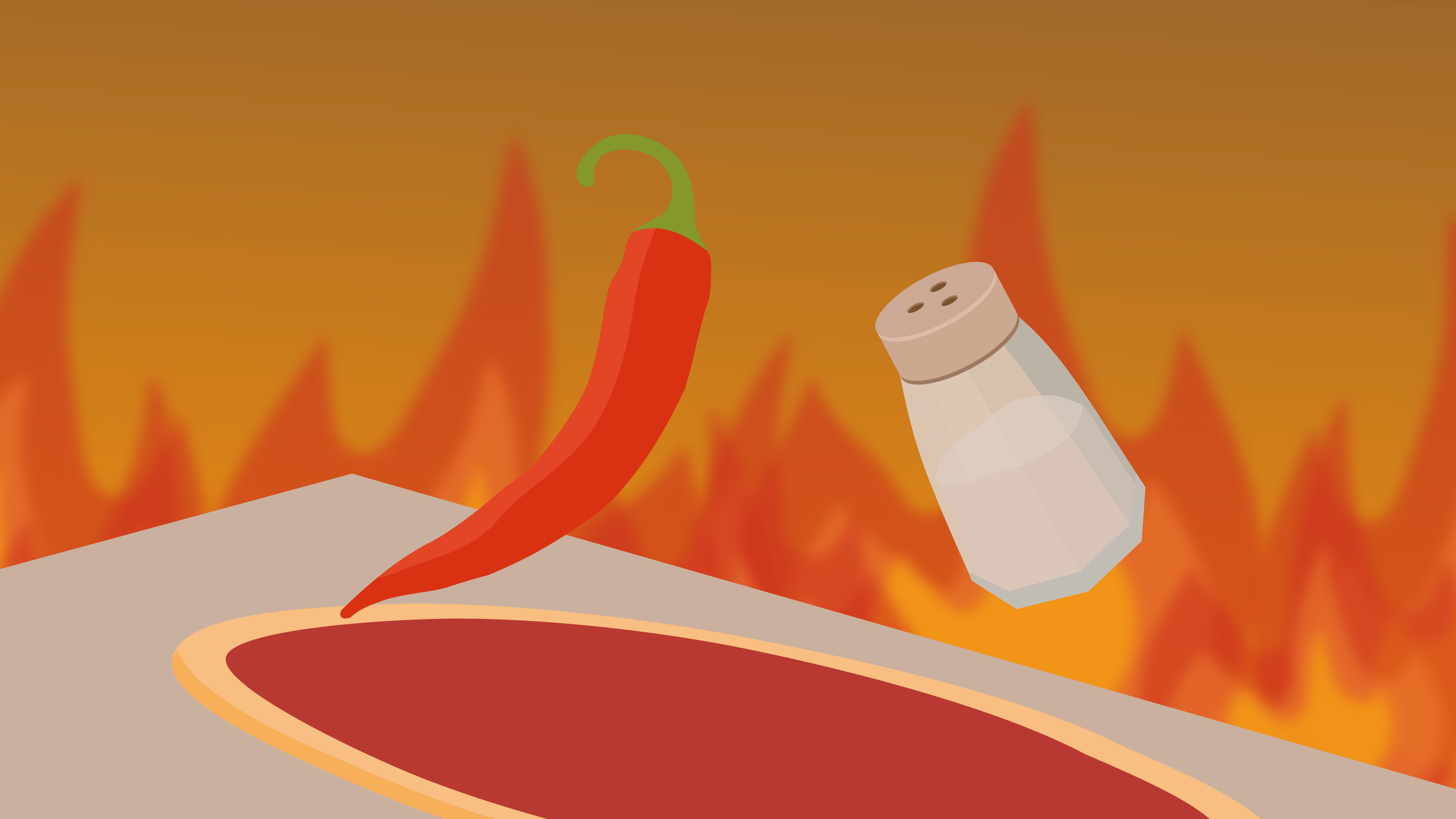 A red pepper and a salt shaker dancing above a pizza