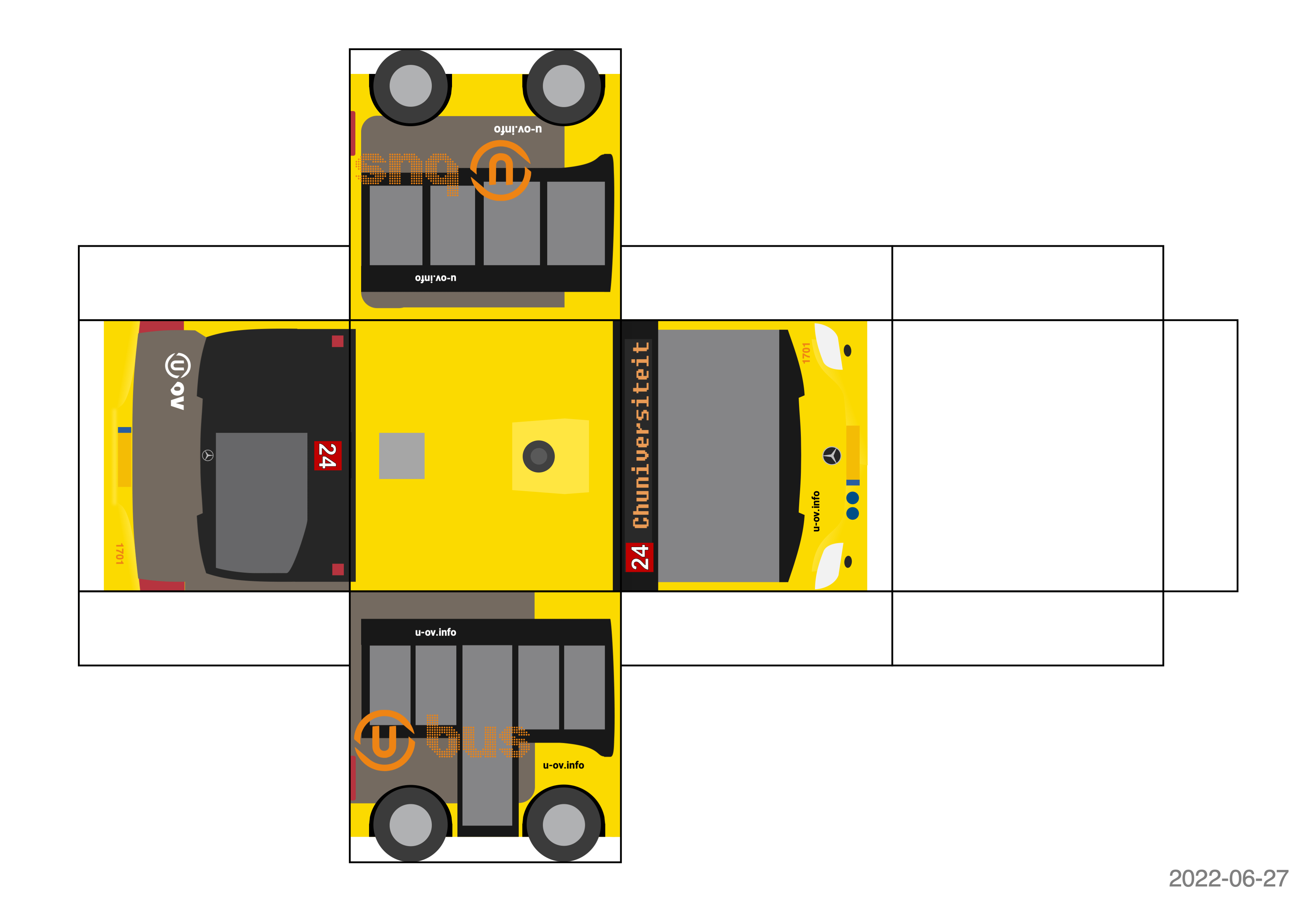 Papercraft template fora bus with U-OV branding