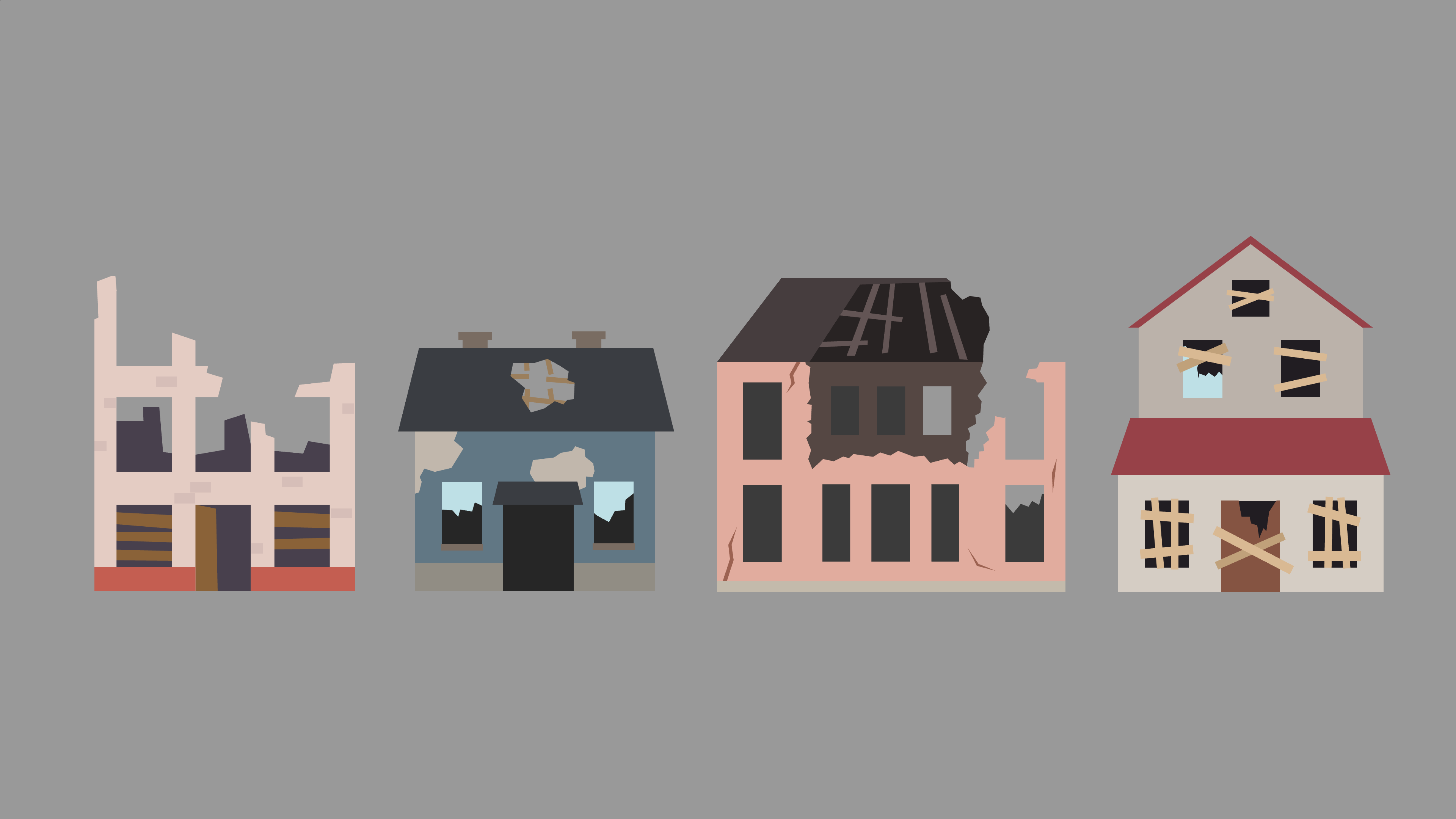 Four abandoned houses in a row
