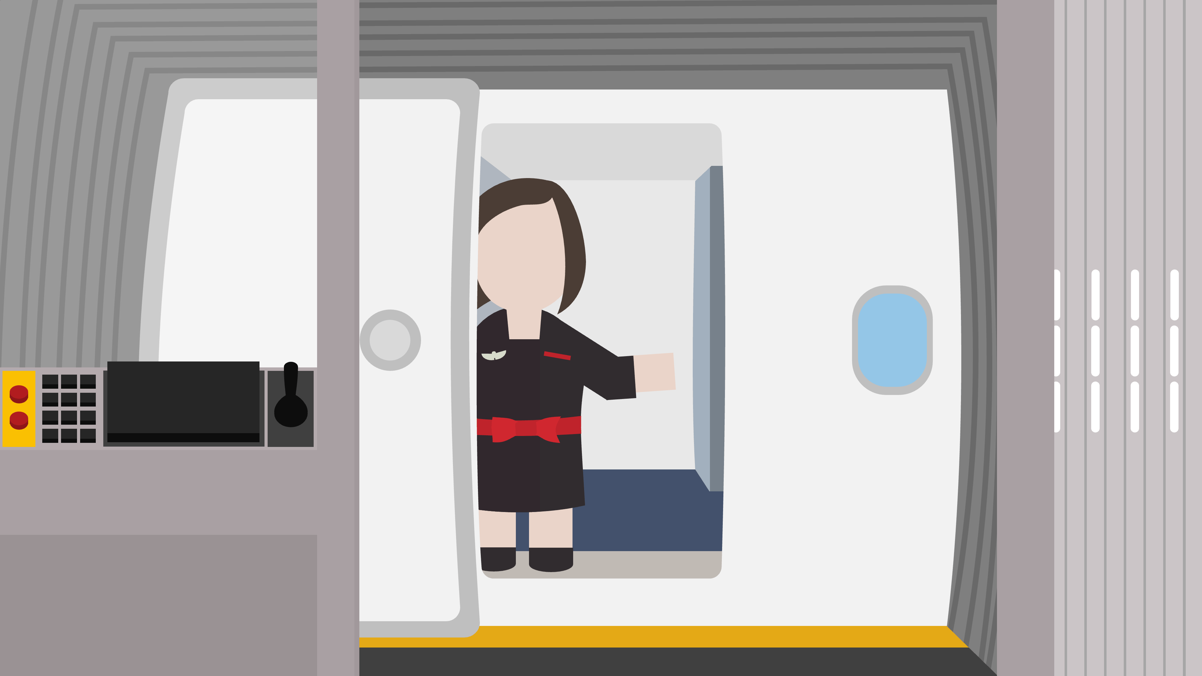 A flight attendant stands next to the open door of an aeroplane