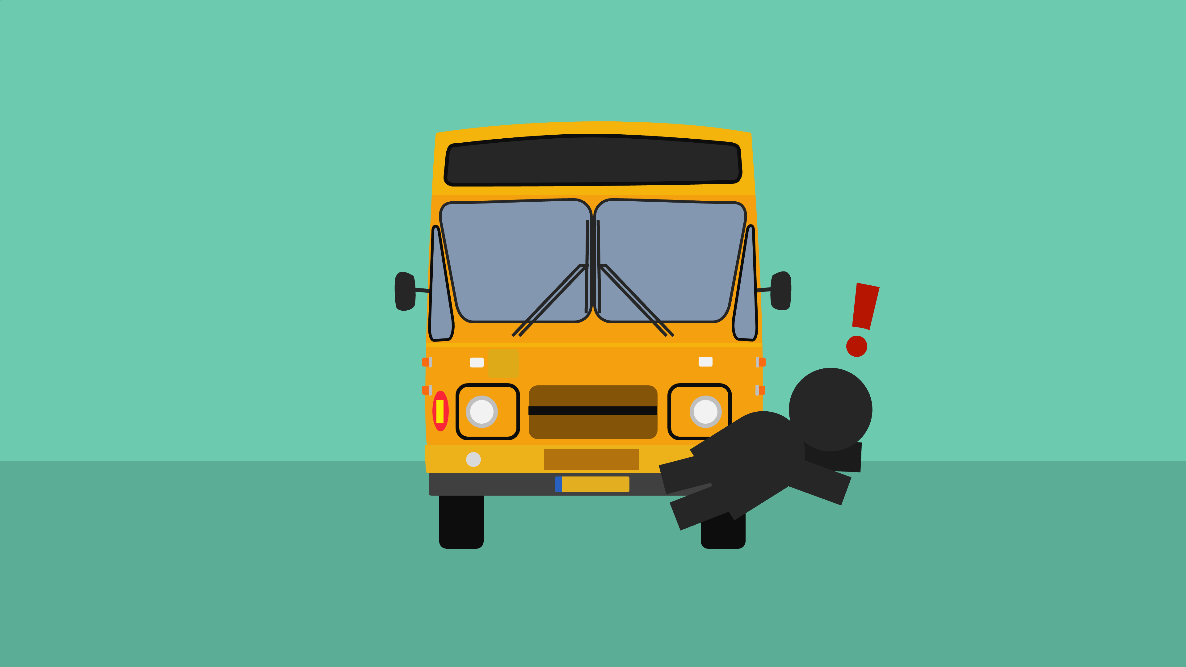 A bus is about to hit a pedestrian, who jumps away