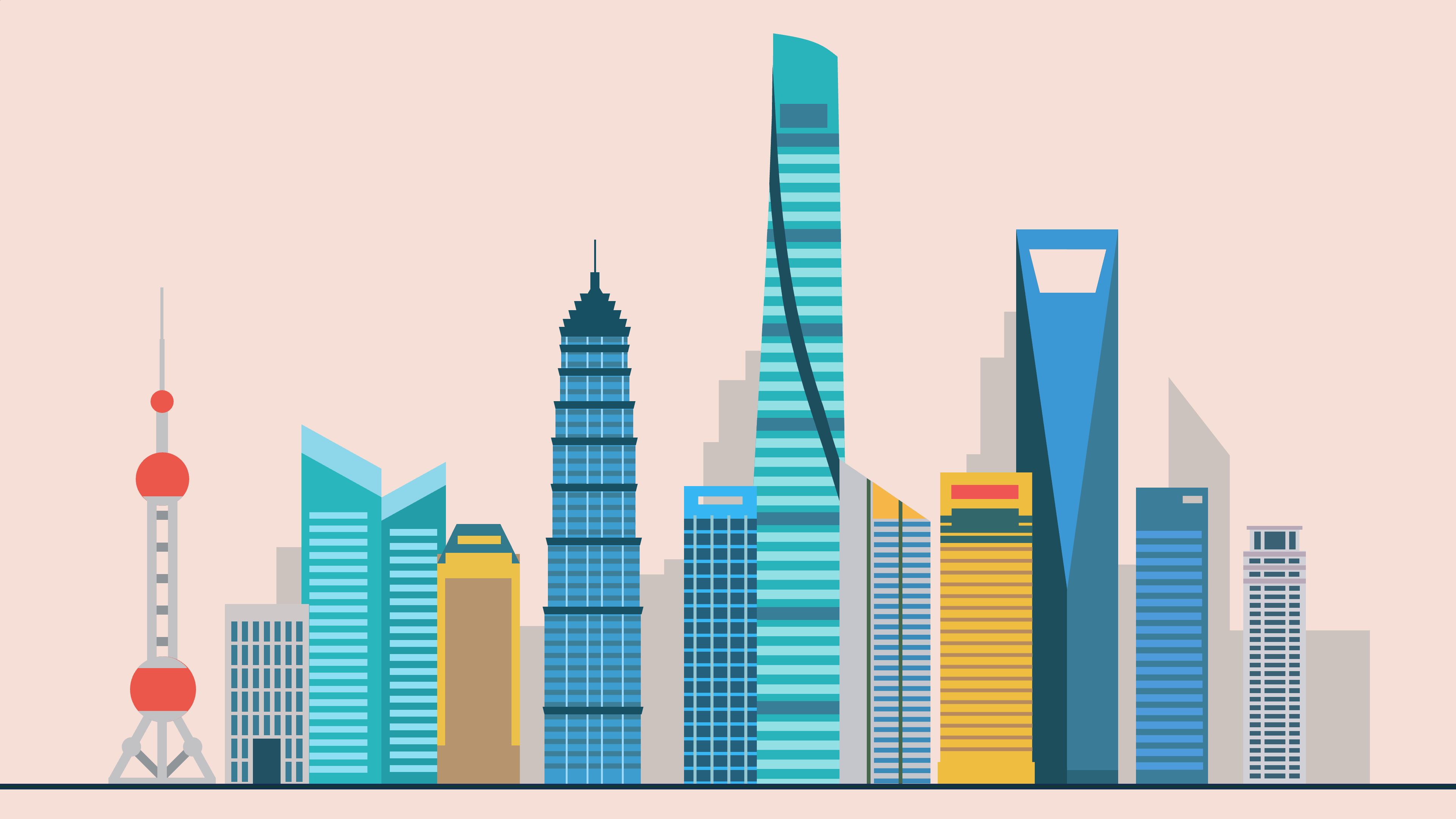 A Chinese skyline with buildings from Shanghai