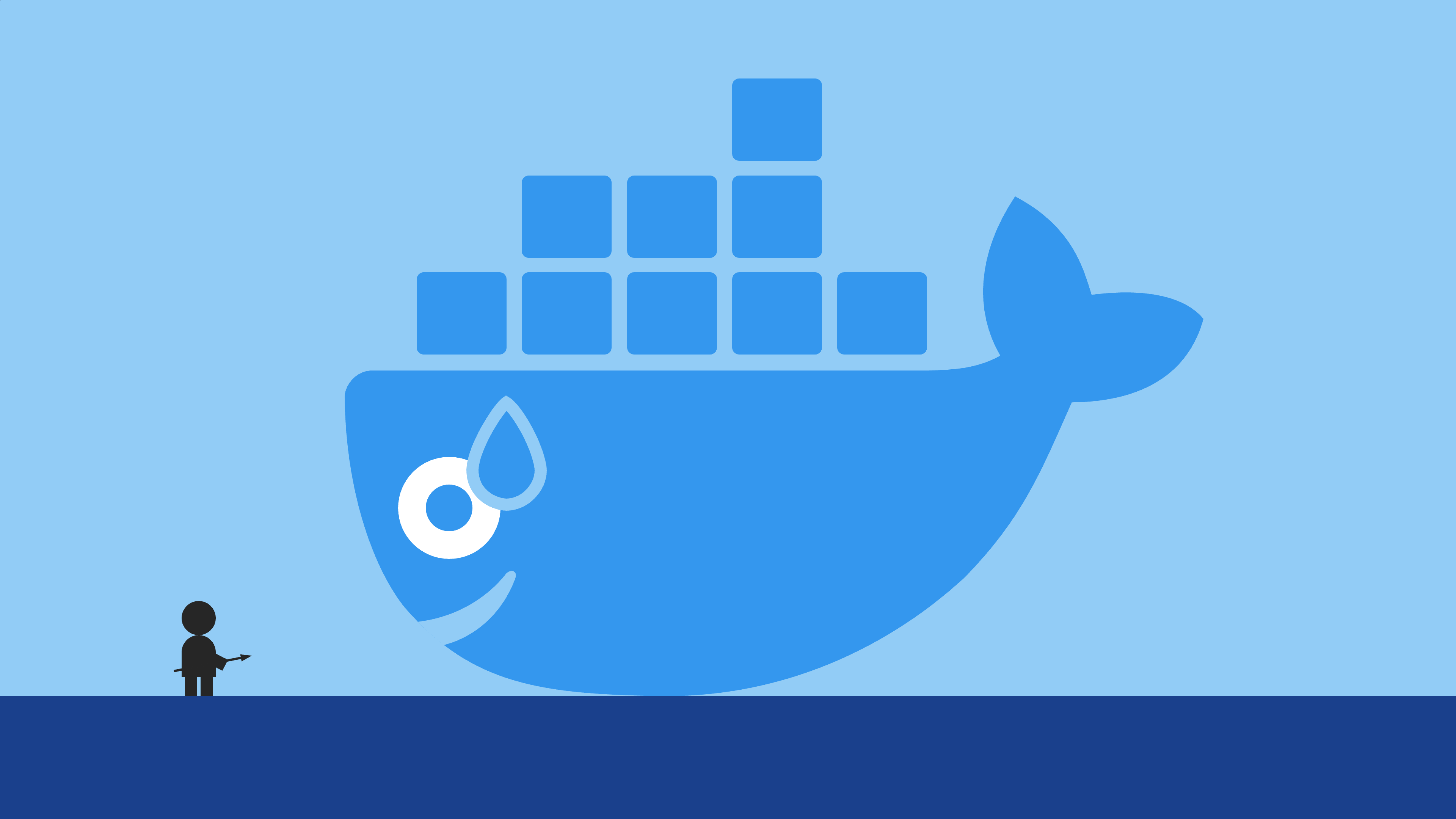Docker whale has a mildly panicked look on its face when it’s stranded and encounters a human hunter.
