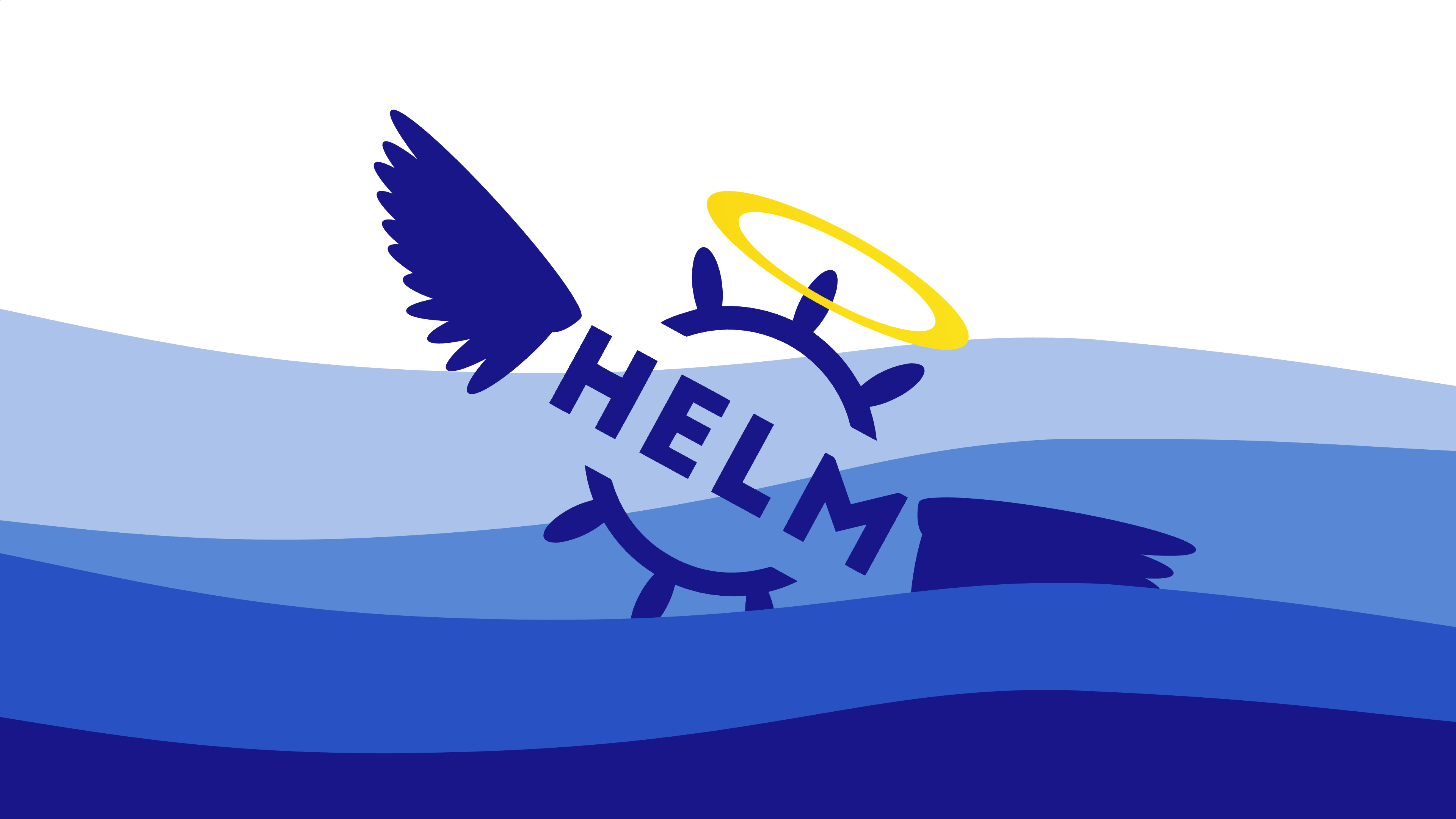 Helm logo with halo and angel wings, partially submersed in water.