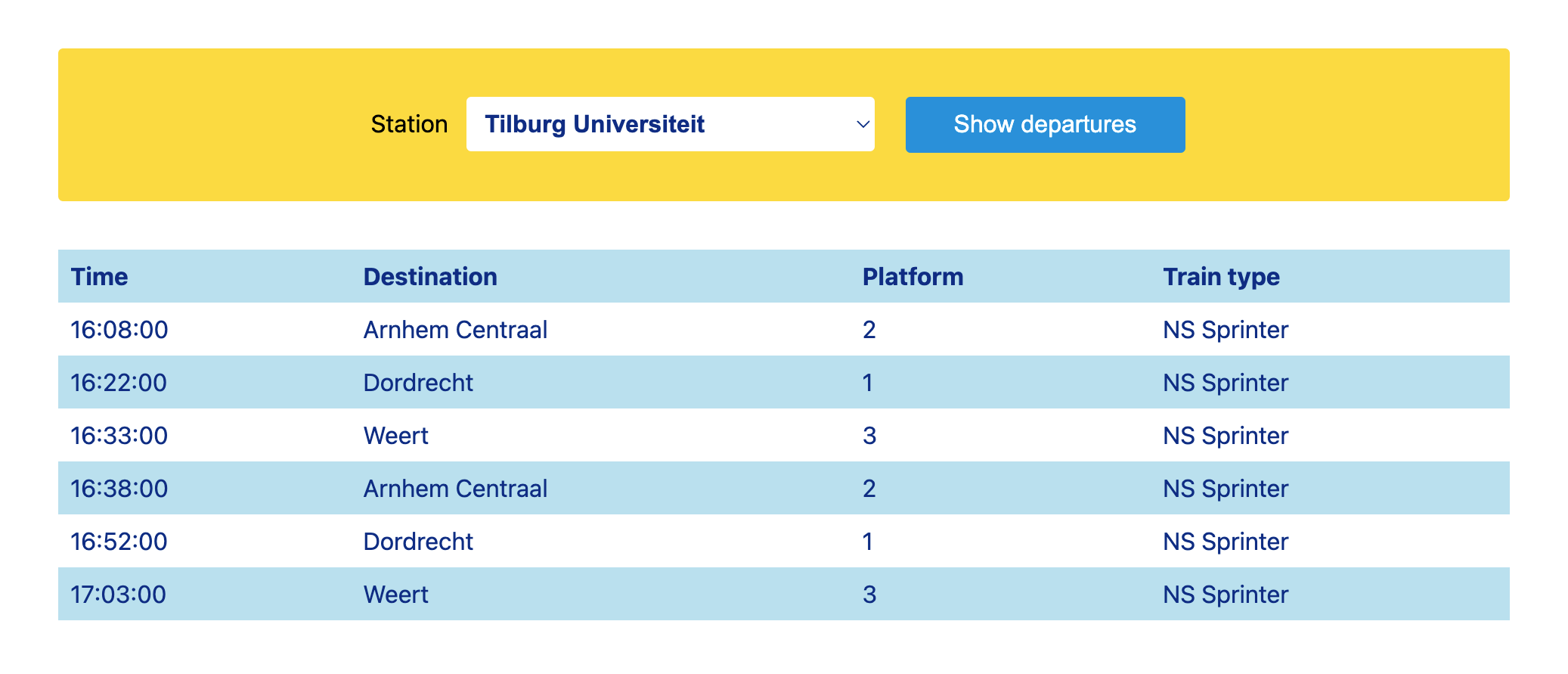 A page that shows all trains that depart from Tilburg University
station within the next hour.