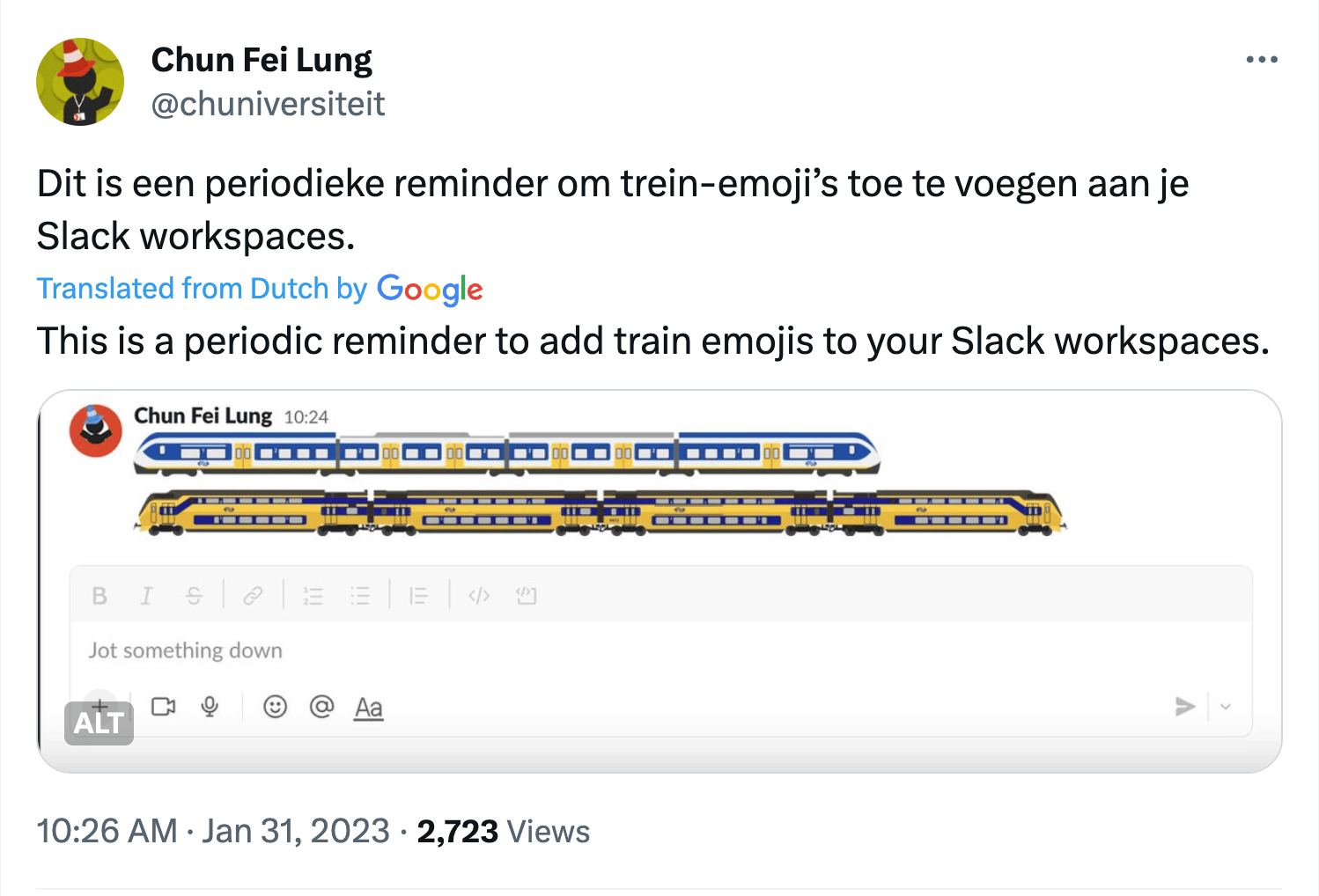 Screenshot of my post on X that reminds people to add train emojis
to their Slack workspaces. The post includes a screenshot that shows
two trains that consist from a sequence of emojis.