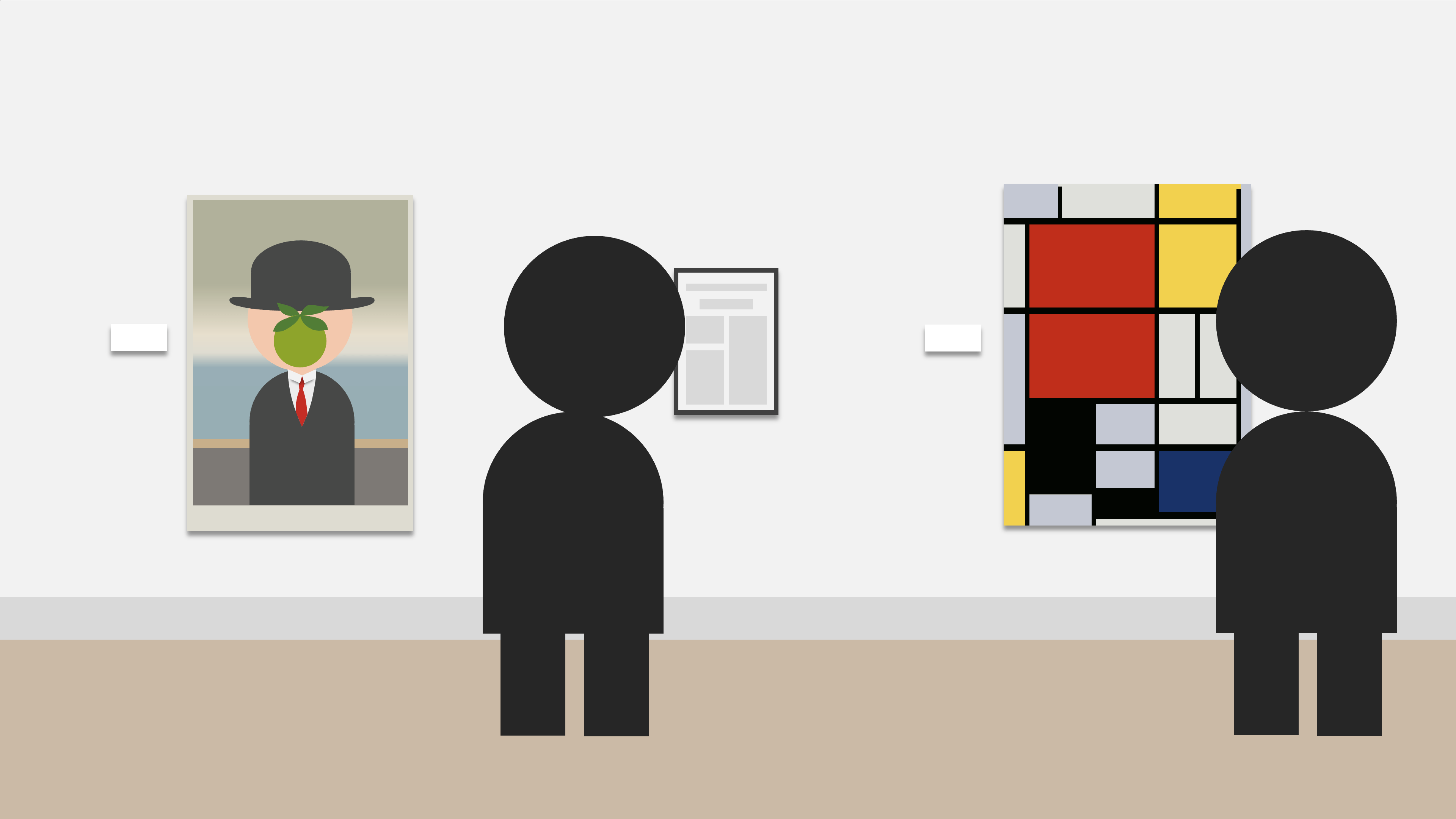 Visitors look at various works at an art gallery, which includes a framed paper.
