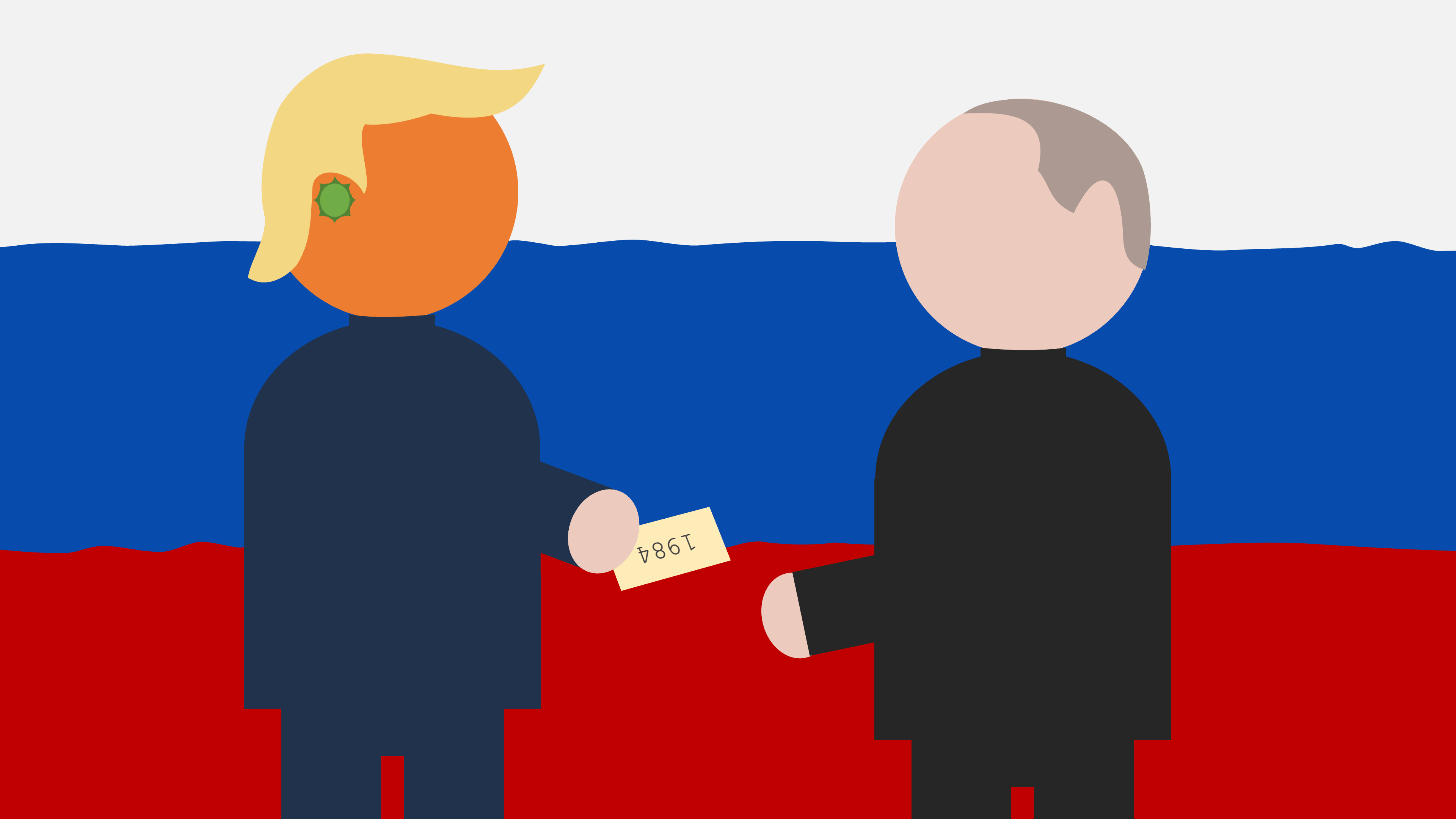 Donald Trump hands a piece of paper to Vladimir Putin