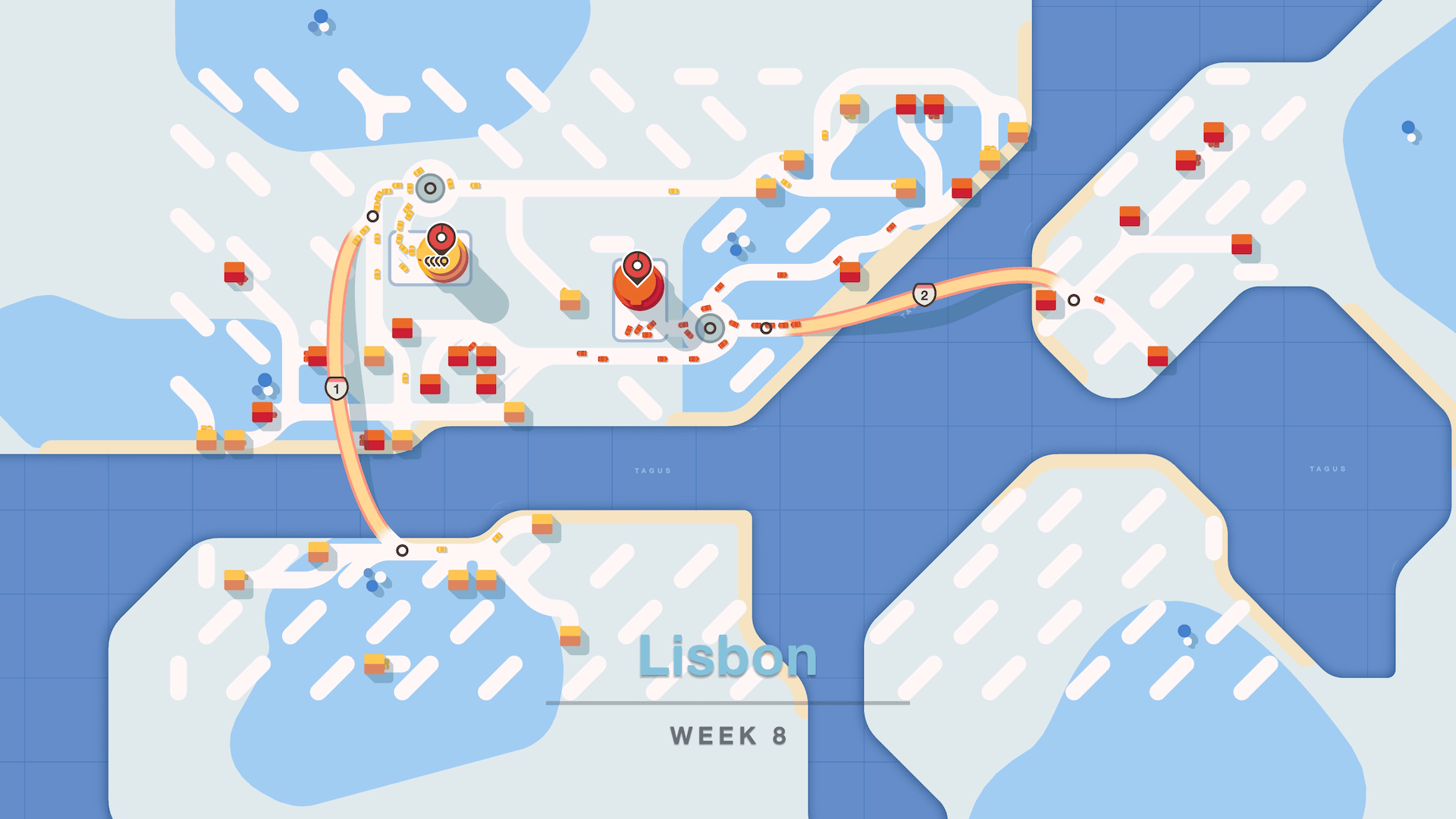 A map with only two destinations. The map is covered with short, disconnected stretches of road that only serve to take up empty space so that nothing can spawn there.