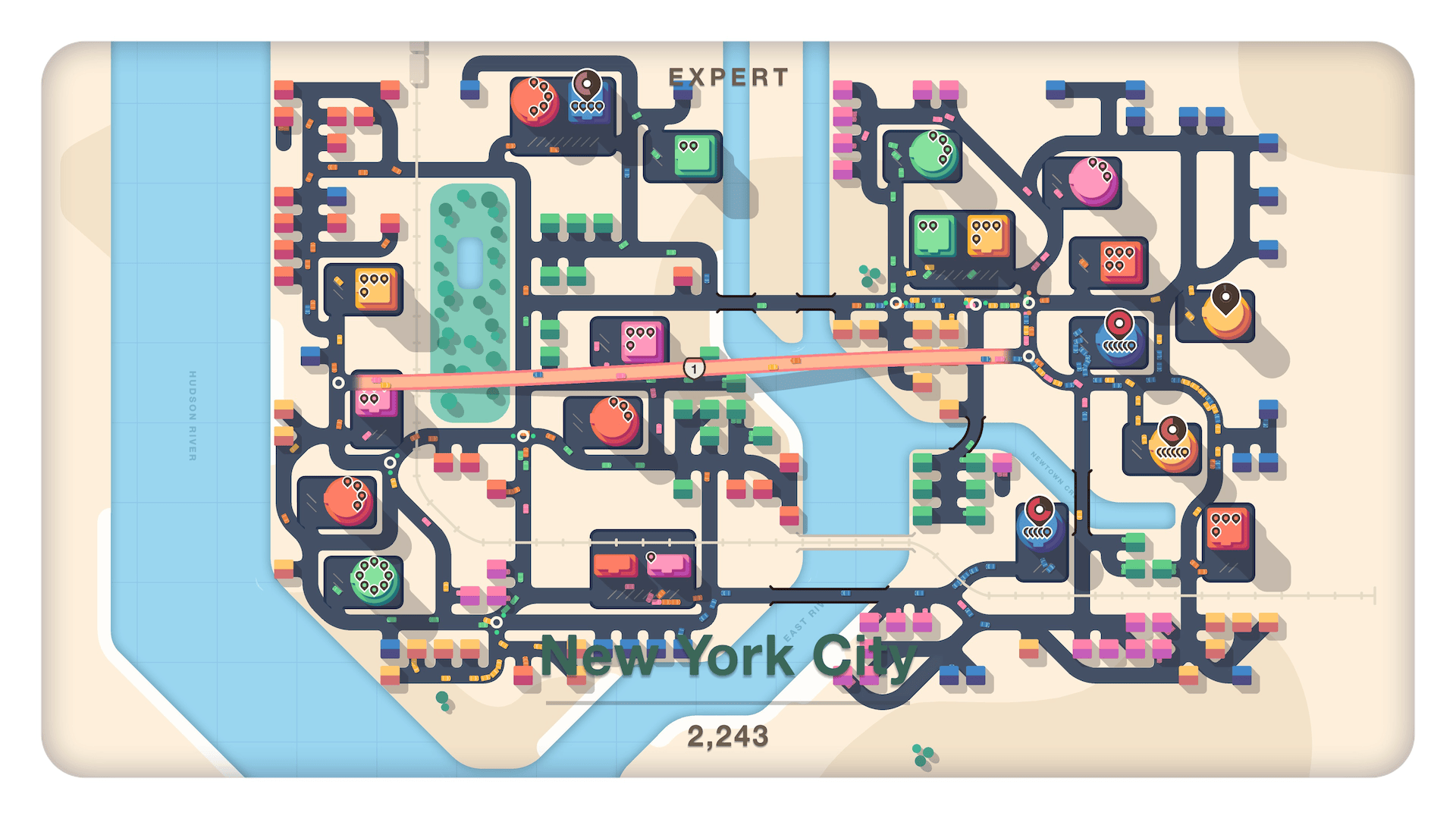 The New York City map on expert mode. The map shows a large number of destinations and houses which are all interconnected, and some very gridlocked intersections.