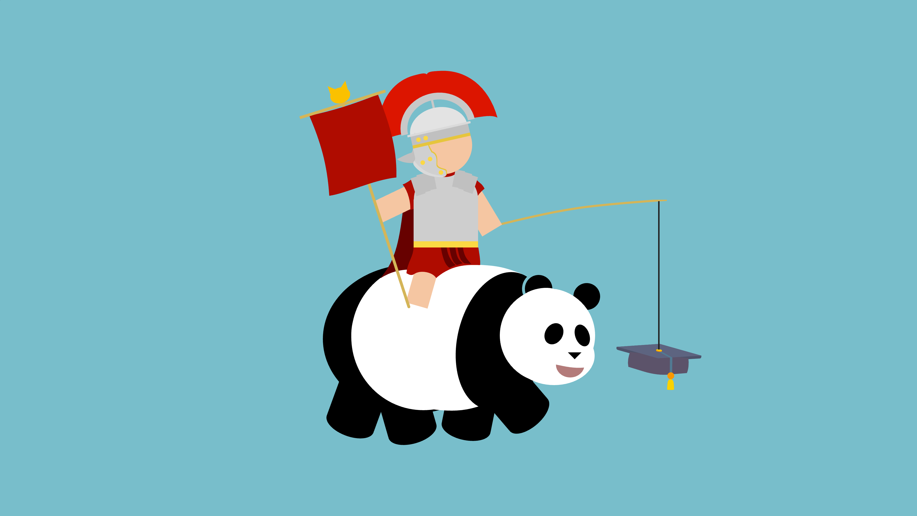 A Roman soldier riding a panda, dangling a mortarboard in front of it